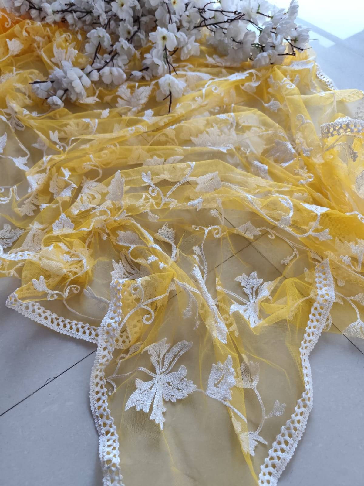 kyara group Net Embroidered Saree With Unstitched Blouse Piece ( Yellow ) kyara group Net Embroidered Saree With Unstitched Blouse Piece ( Yellow )