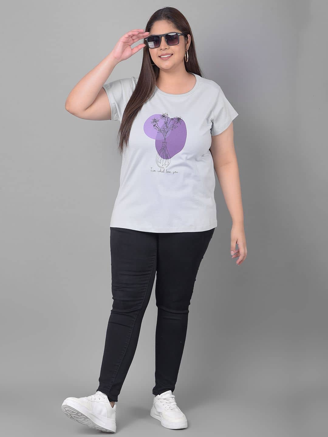 Club York Women Cotton Blend Printed Regular Fit Round Neck T-Shirt ( Light Grey )