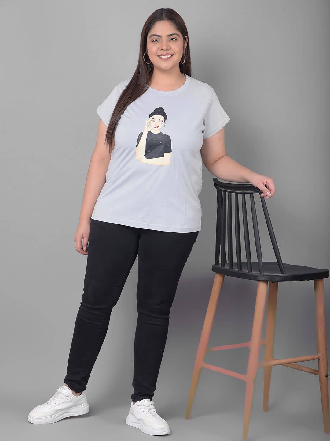 Club York Women Cotton Blend Printed Regular Fit Round Neck T-Shirt ( Light Grey )