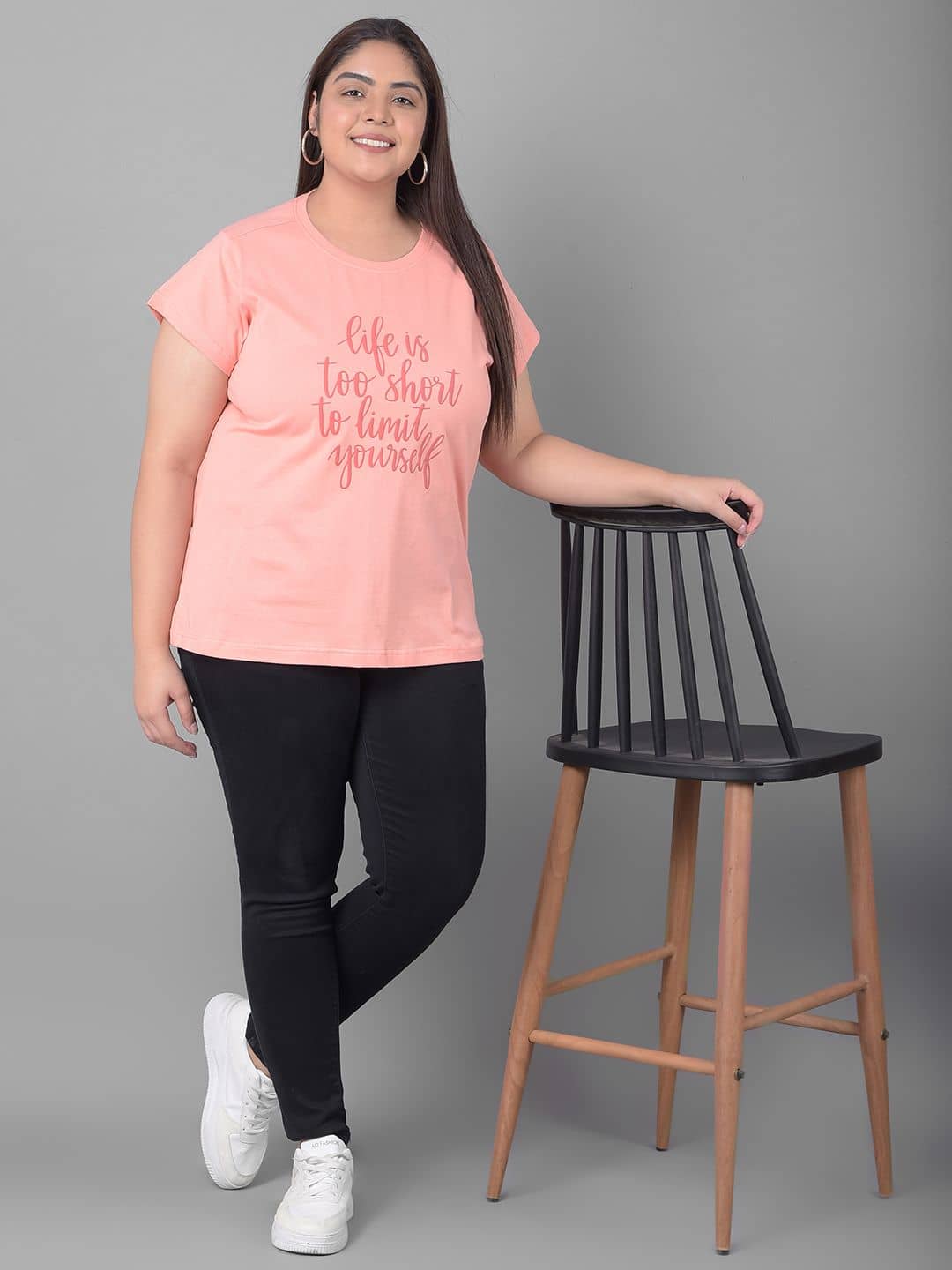 Club York Women Cotton Blend Printed Regular Fit Round Neck T-Shirt ( Peach )