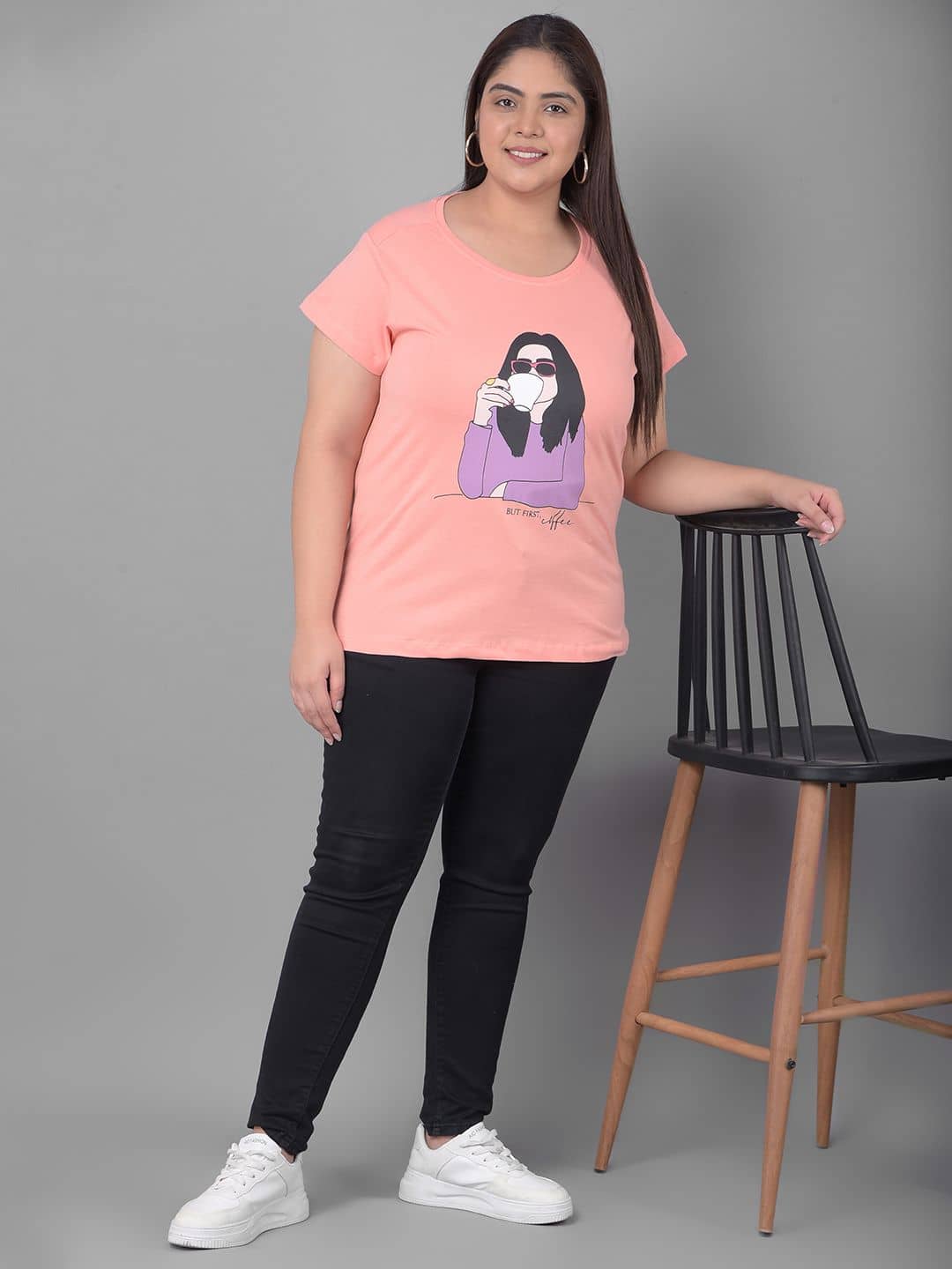 Club York Women Cotton Blend Printed Regular Fit Round Neck T-Shirt ( Peach )