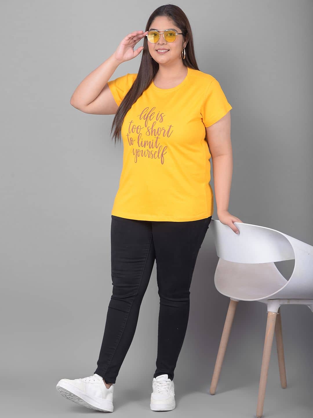 Club York Women Cotton Blend Printed Regular Fit Round Neck T-Shirt ( Yellow )