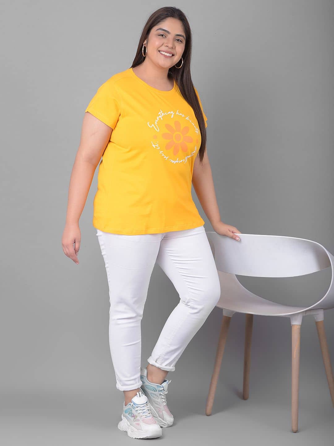 Club York Women Cotton Blend Printed Regular Fit Round Neck T-Shirt ( Yellow )