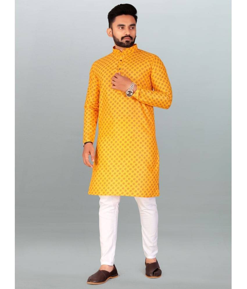     			FRELURO Yellow Cotton Blend Men's Regular Kurta ( Pack of 1 )