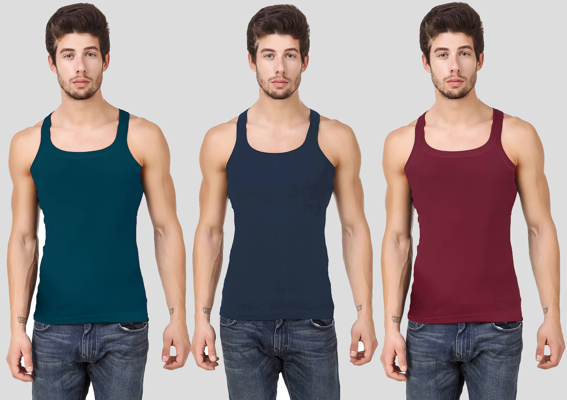 Hap Kings Pack of 3 Cotton Sleeveless vest For Men ( Multi )     			Hap Kings Pack of 3 Cotton Sleeveless vest For Men ( Multi )