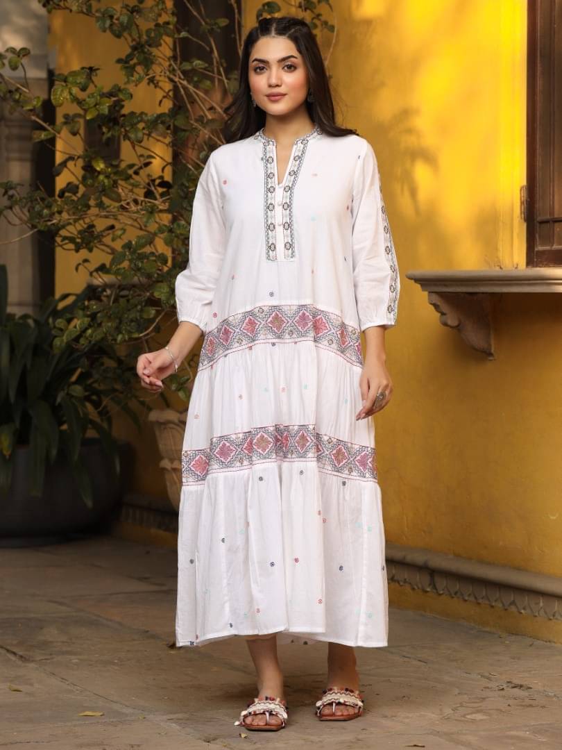 Juniper Cotton Embroidered Midi Women's Fit & Flare Dress - White ( Pack of 1 ) Juniper Cotton Embroidered Midi Women's Fit & Flare Dress - White ( Pack of 1 )