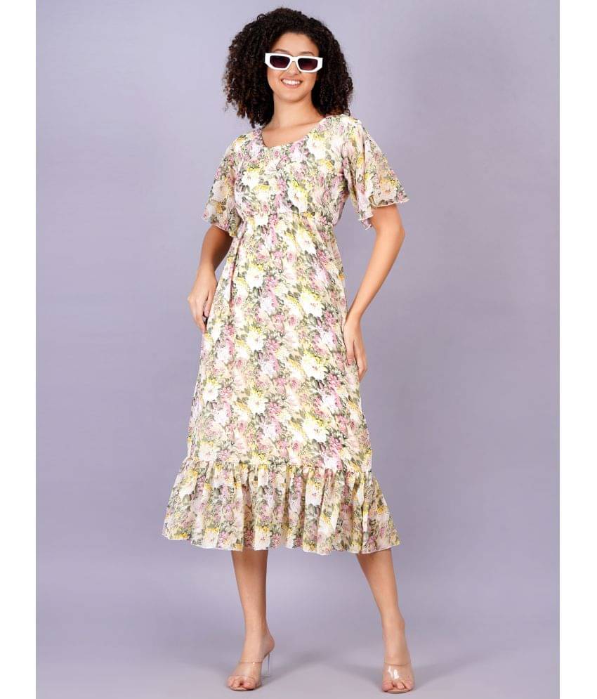 Jyoti Women Georgette Printed Fit & Flare Dress ( Yellow ) Jyoti Women Georgette Printed Fit & Flare Dress ( Yellow )