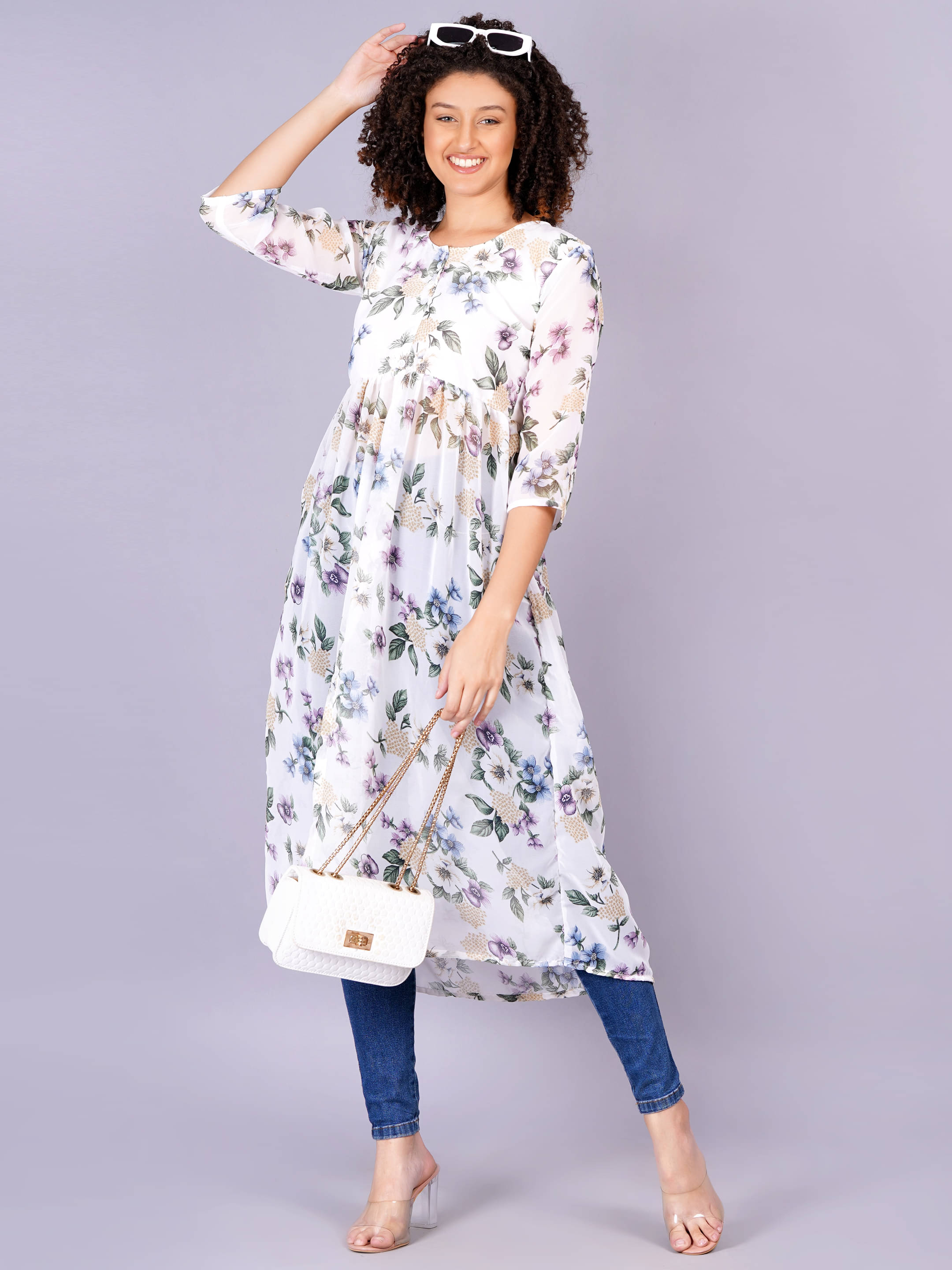     			Jyoti Women Georgette Printed Fit & Flare Dress ( White )