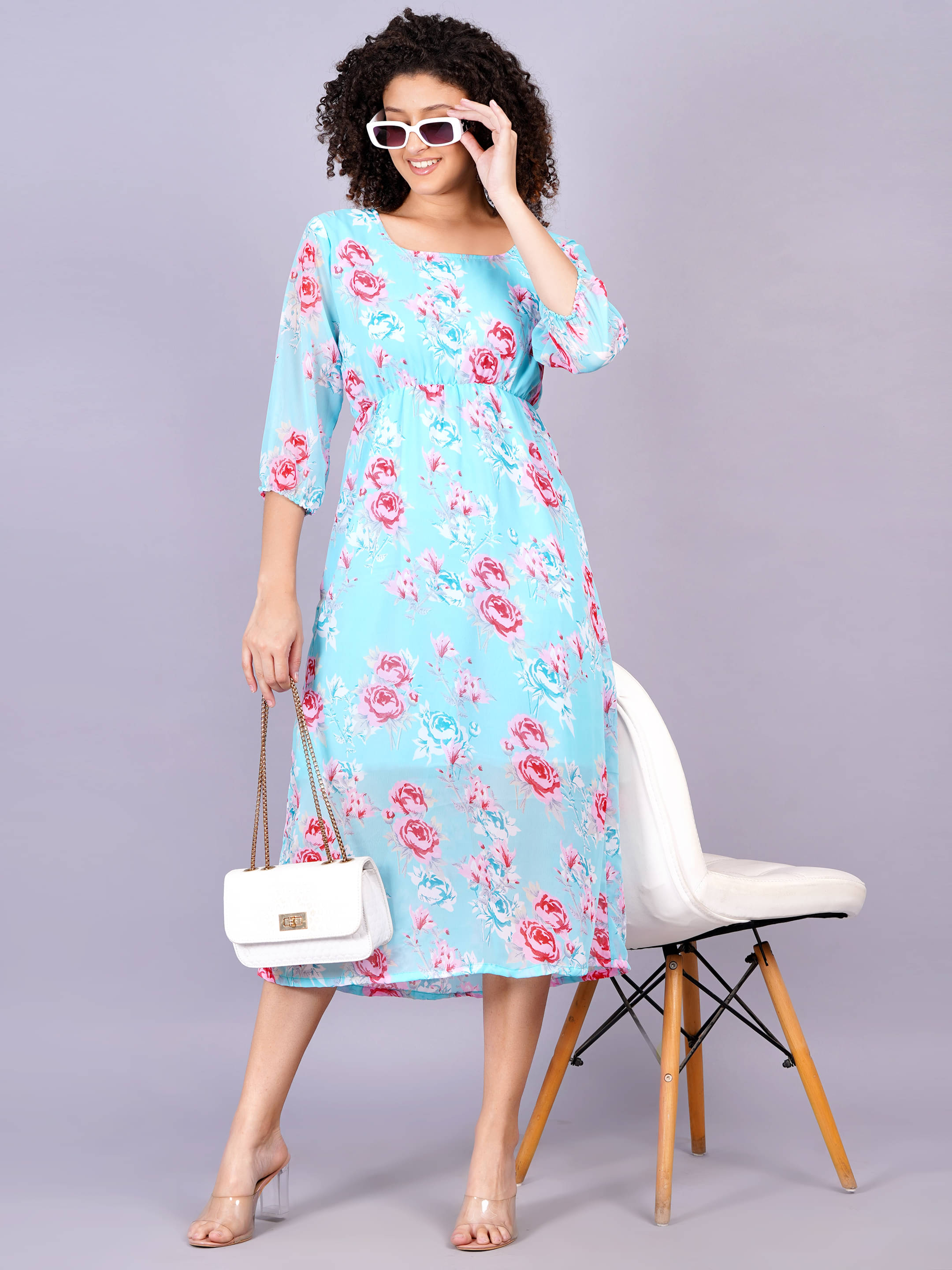     			Jyoti Women Georgette Printed Fit & Flare Dress ( Blue )
