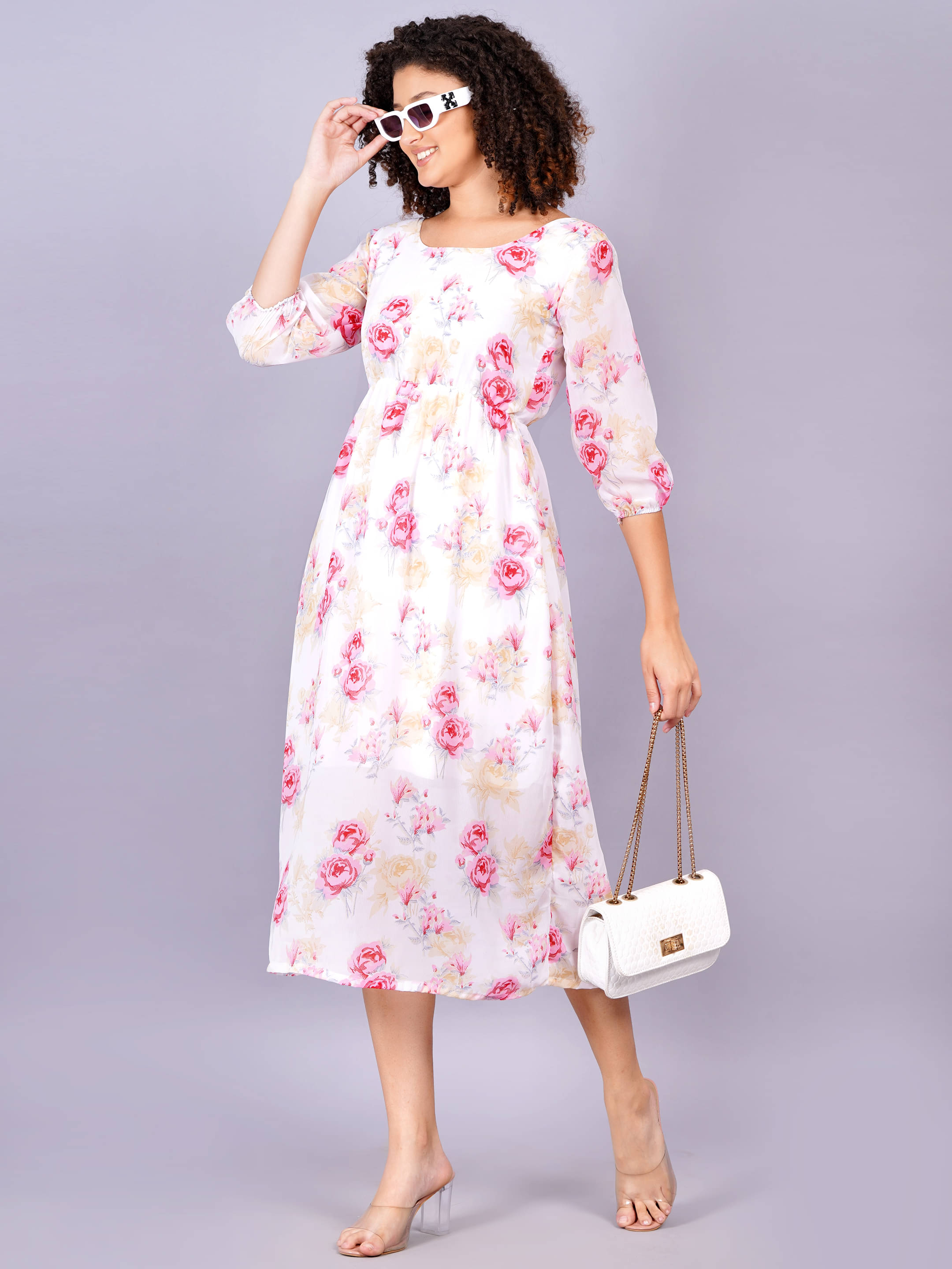 Jyoti Women Georgette Printed Fit & Flare Dress ( White ) Jyoti Women Georgette Printed Fit & Flare Dress ( White )