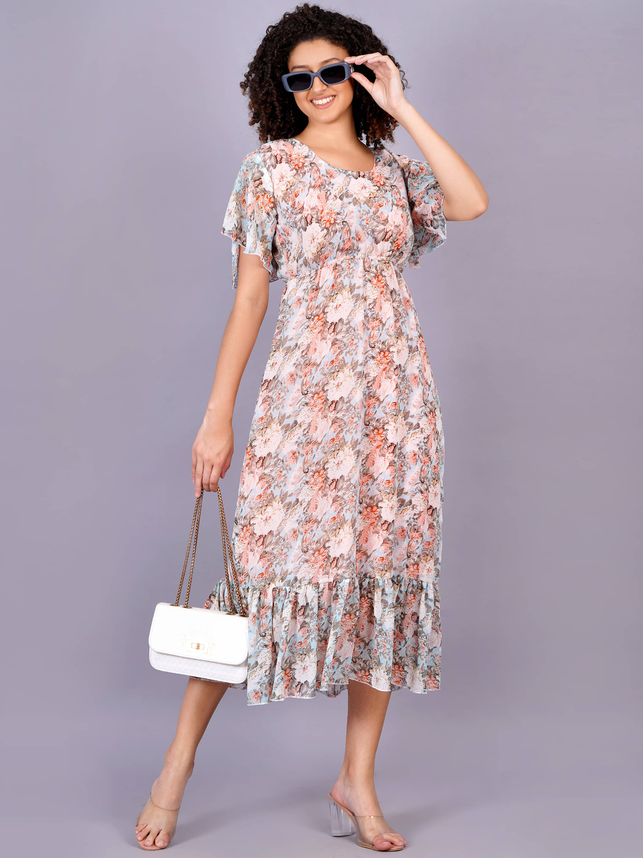     			Jyoti Women Georgette Printed Fit & Flare Dress ( Peach )