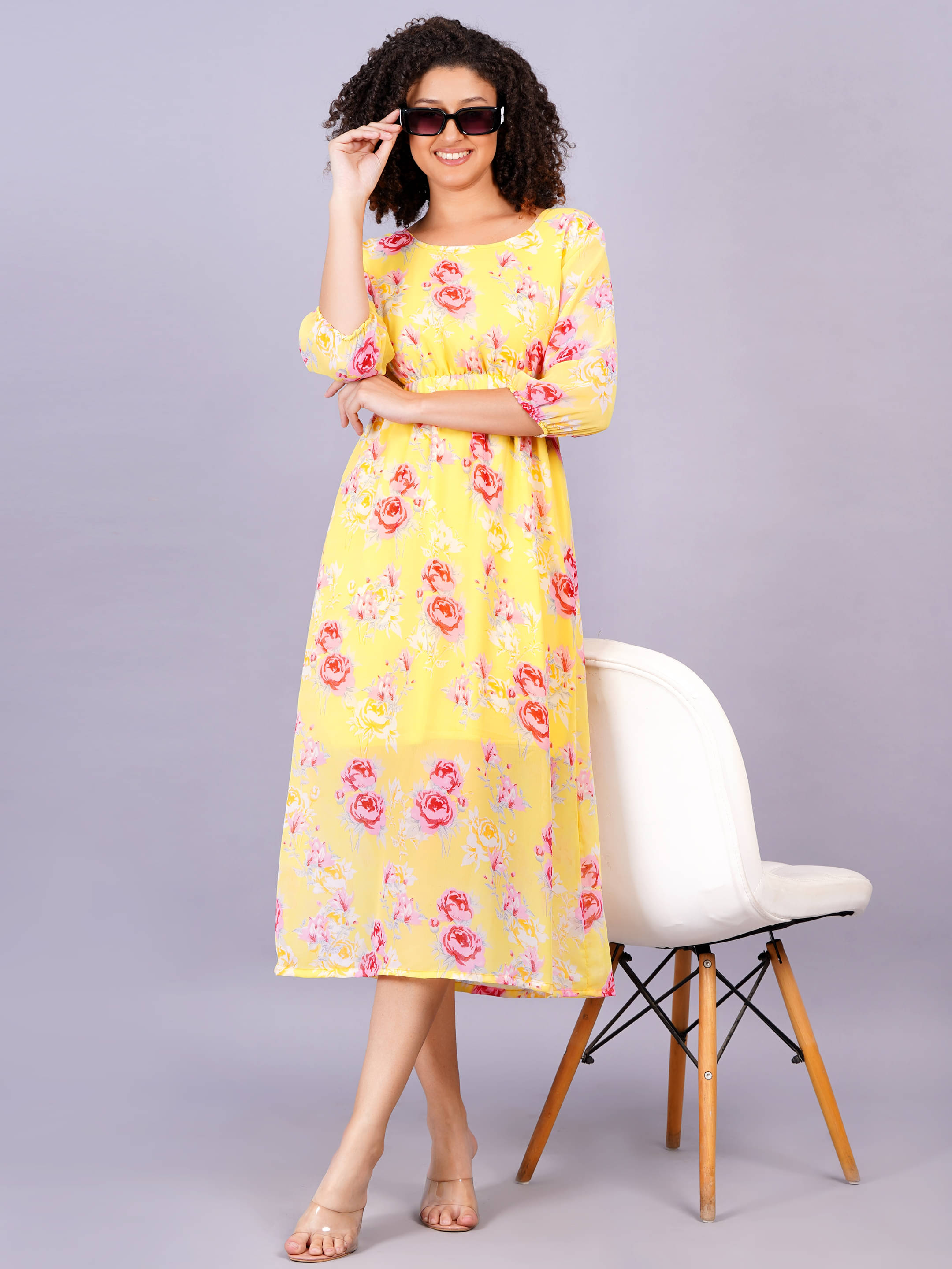 Jyoti Women Georgette Printed Fit & Flare Dress ( Yellow ) Jyoti Women Georgette Printed Fit & Flare Dress ( Yellow )