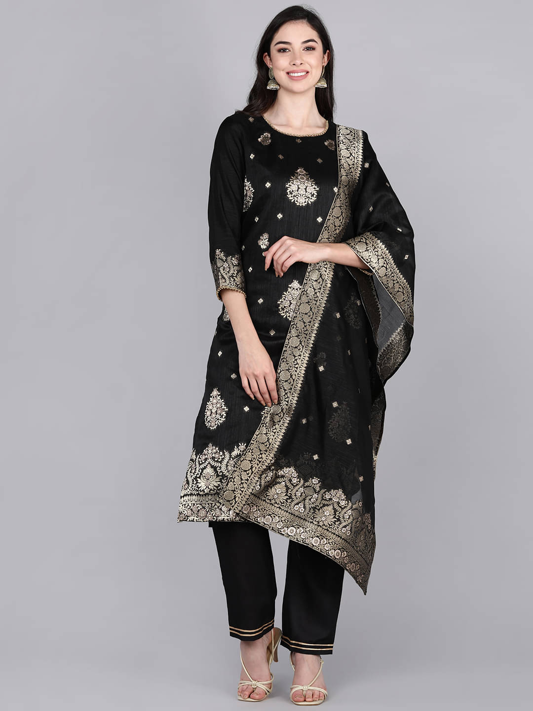 Vaamsi Chanderi Embroidered Kurti With Pants Women's Stitched Salwar Suit - Black ( Pack of 1 ) Vaamsi Chanderi Embroidered Kurti With Pants Women's Stitched Salwar Suit - Black ( Pack of 1 )