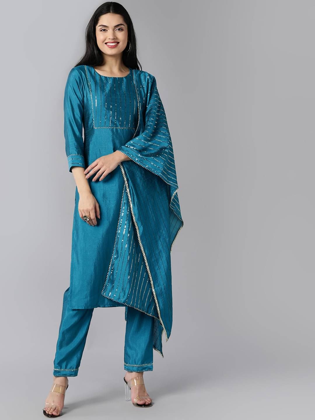 Vaamsi Chanderi Self Design Kurti With Pants Women's Stitched Salwar Suit - Teal ( Pack of 1 )     			Vaamsi Chanderi Self Design Kurti With Pants Women's Stitched Salwar Suit - Teal ( Pack of 1 )