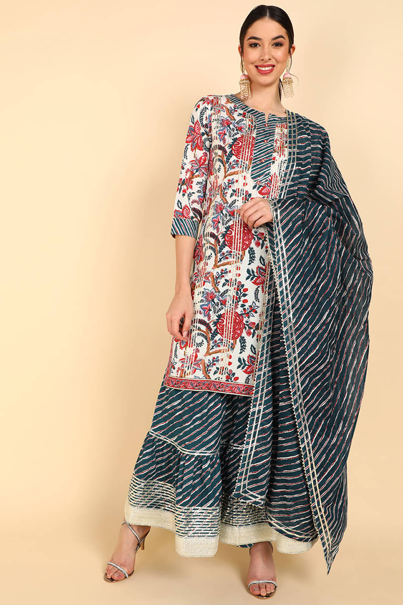Vaamsi Cotton Printed Kurti With Sharara And Gharara Women's Stitched Salwar Suit - White ( Pack of 1 )     			Vaamsi Cotton Printed Kurti With Sharara And Gharara Women's Stitched Salwar Suit - White ( Pack of 1 )