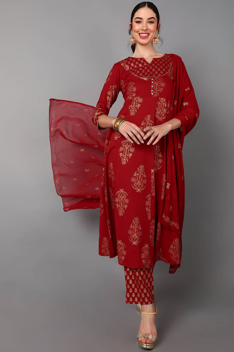 Vaamsi Cotton Printed Kurti With Pants Women's Stitched Salwar Suit - Maroon ( Pack of 1 ) Vaamsi Cotton Printed Kurti With Pants Women's Stitched Salwar Suit - Maroon ( Pack of 1 )