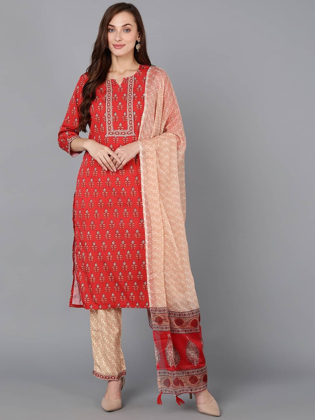     			Vaamsi Crepe Printed Kurti With Pants Women's Stitched Salwar Suit - Red ( Pack of 1 )