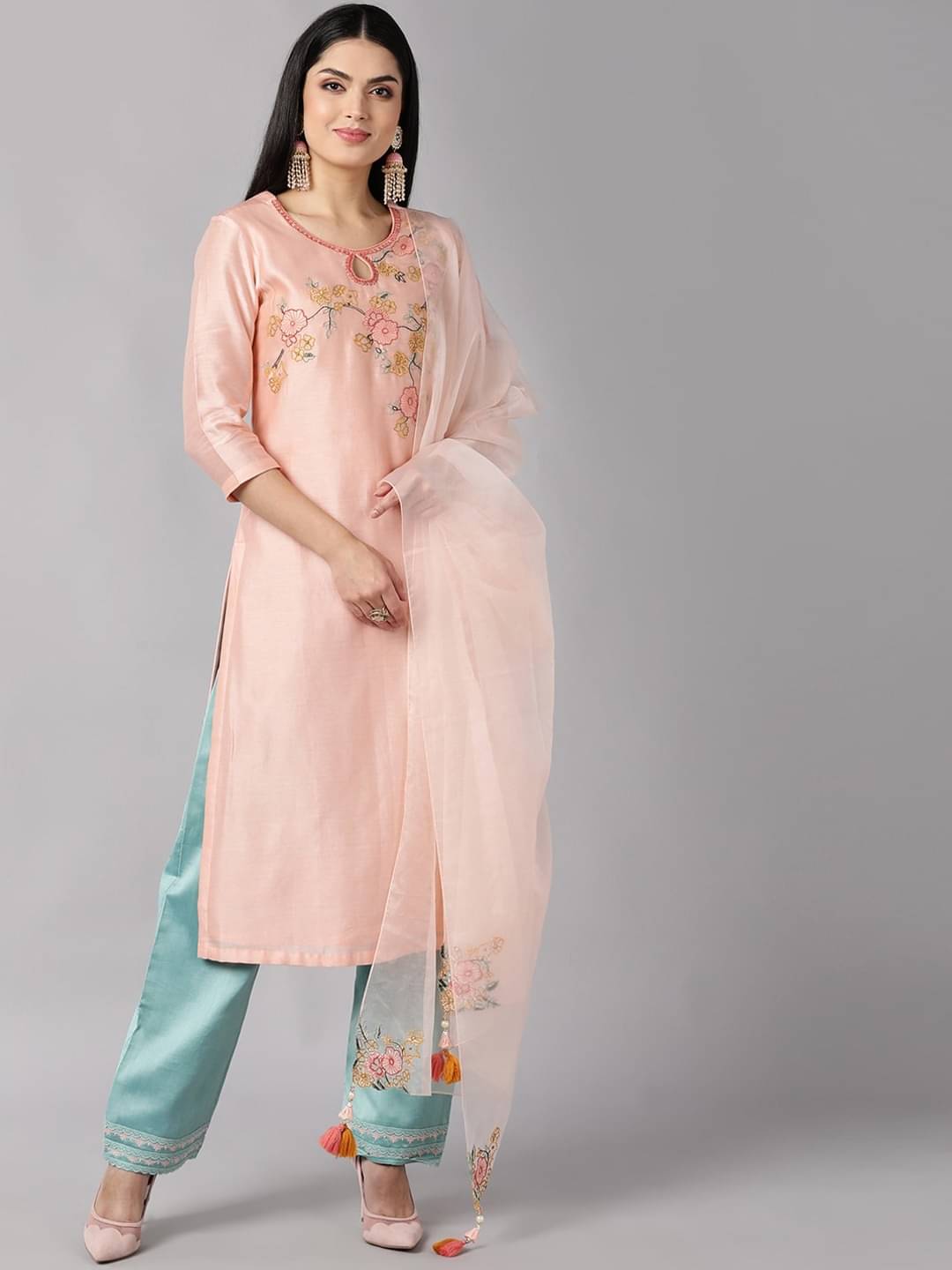 Vaamsi Silk Blend Embroidered Kurti With Pants Women's Stitched Salwar Suit - Peach ( Pack of 1 ) Vaamsi Silk Blend Embroidered Kurti With Pants Women's Stitched Salwar Suit - Peach ( Pack of 1 )