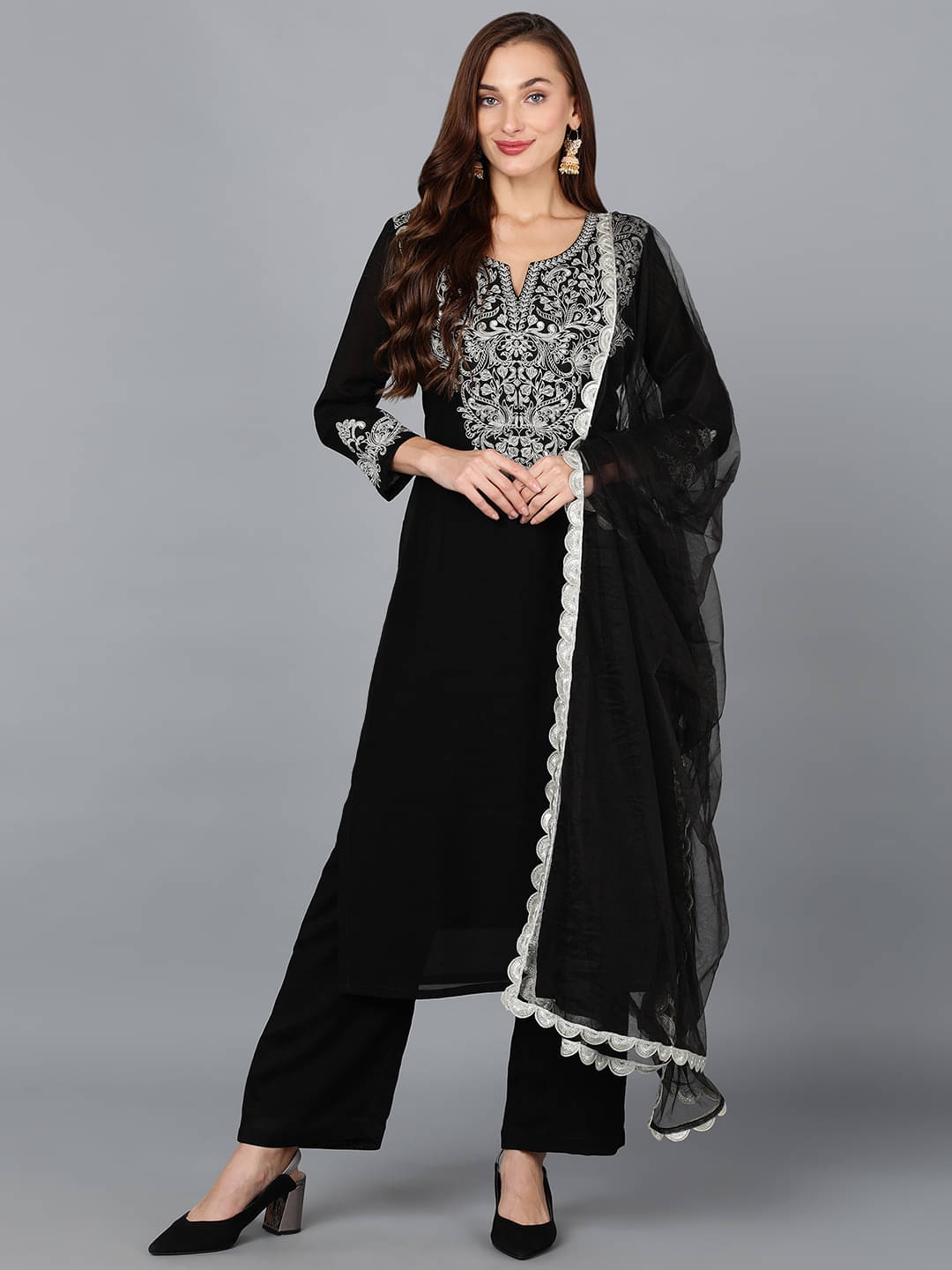Vaamsi Silk Blend Embroidered Kurti With Pants Women's Stitched Salwar Suit - Black ( Pack of 1 ) Vaamsi Silk Blend Embroidered Kurti With Pants Women's Stitched Salwar Suit - Black ( Pack of 1 )