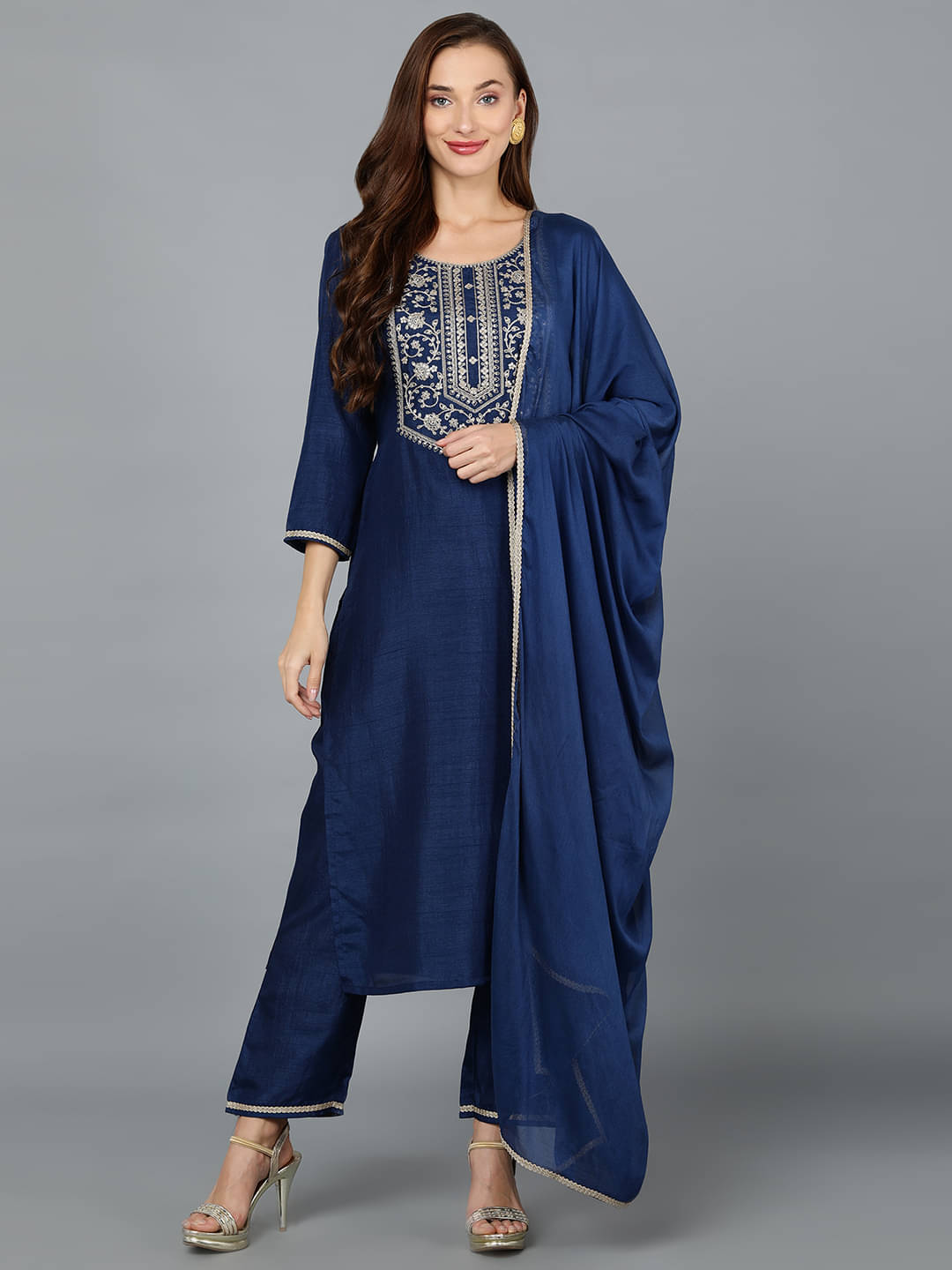     			Vaamsi Silk Blend Embroidered Kurti With Pants Women's Stitched Salwar Suit - Navy Blue ( Pack of 1 )