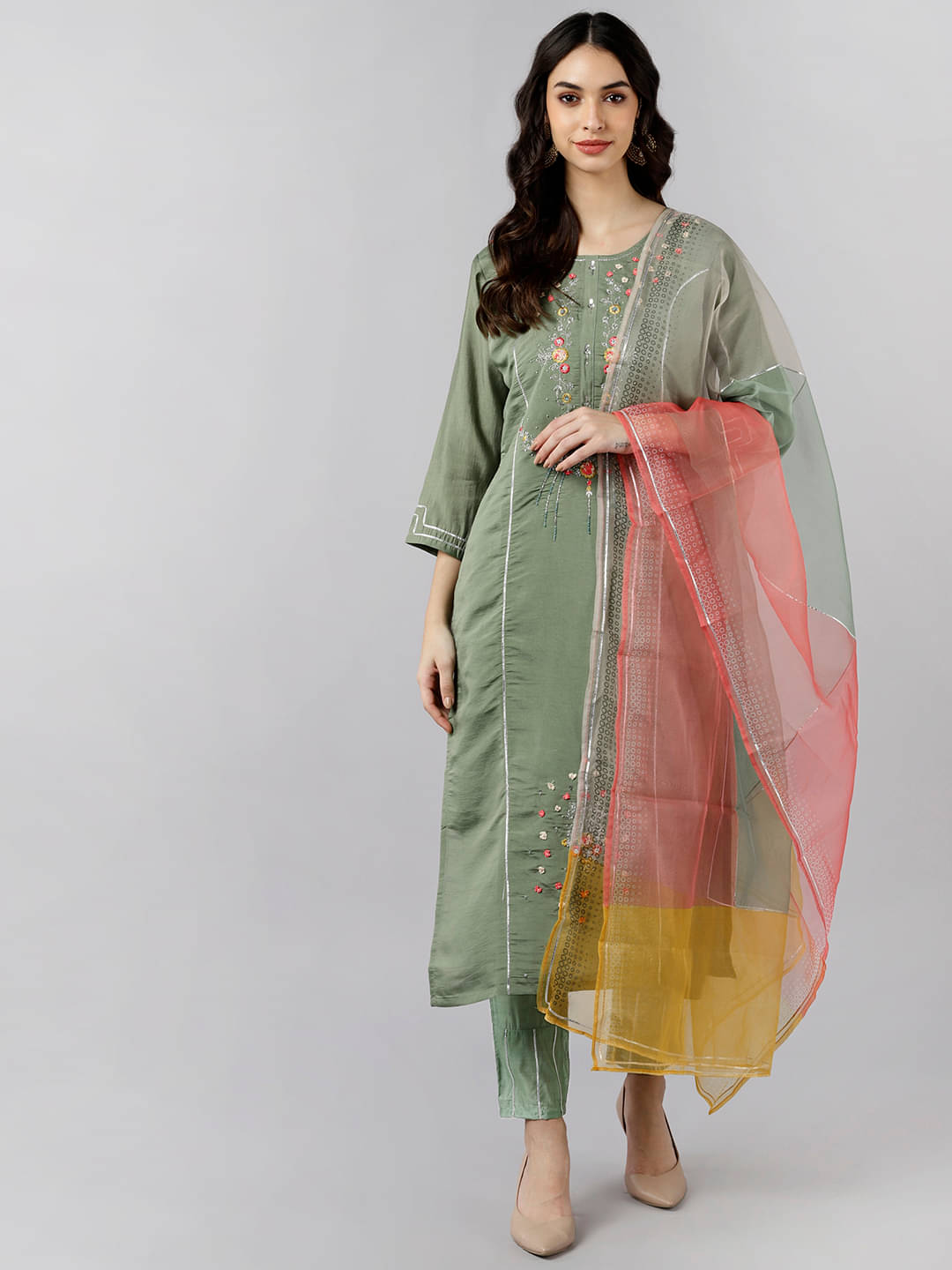    			Vaamsi Silk Blend Embroidered Kurti With Pants Women's Stitched Salwar Suit - Olive ( Pack of 1 )