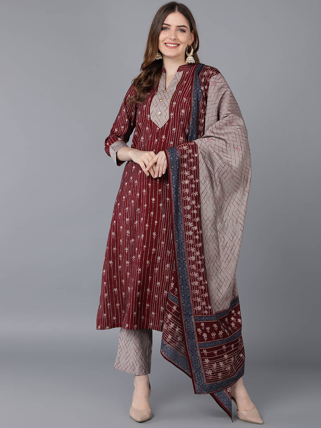     			Vaamsi Silk Blend Printed Kurti With Pants Women's Stitched Salwar Suit - Burgundy ( Pack of 1 )