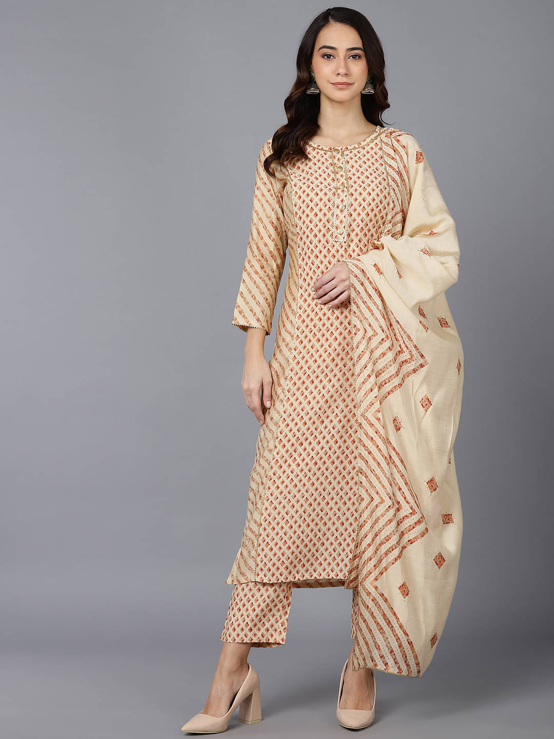     			Vaamsi Silk Blend Printed Kurti With Pants Women's Stitched Salwar Suit - Cream ( Pack of 1 )