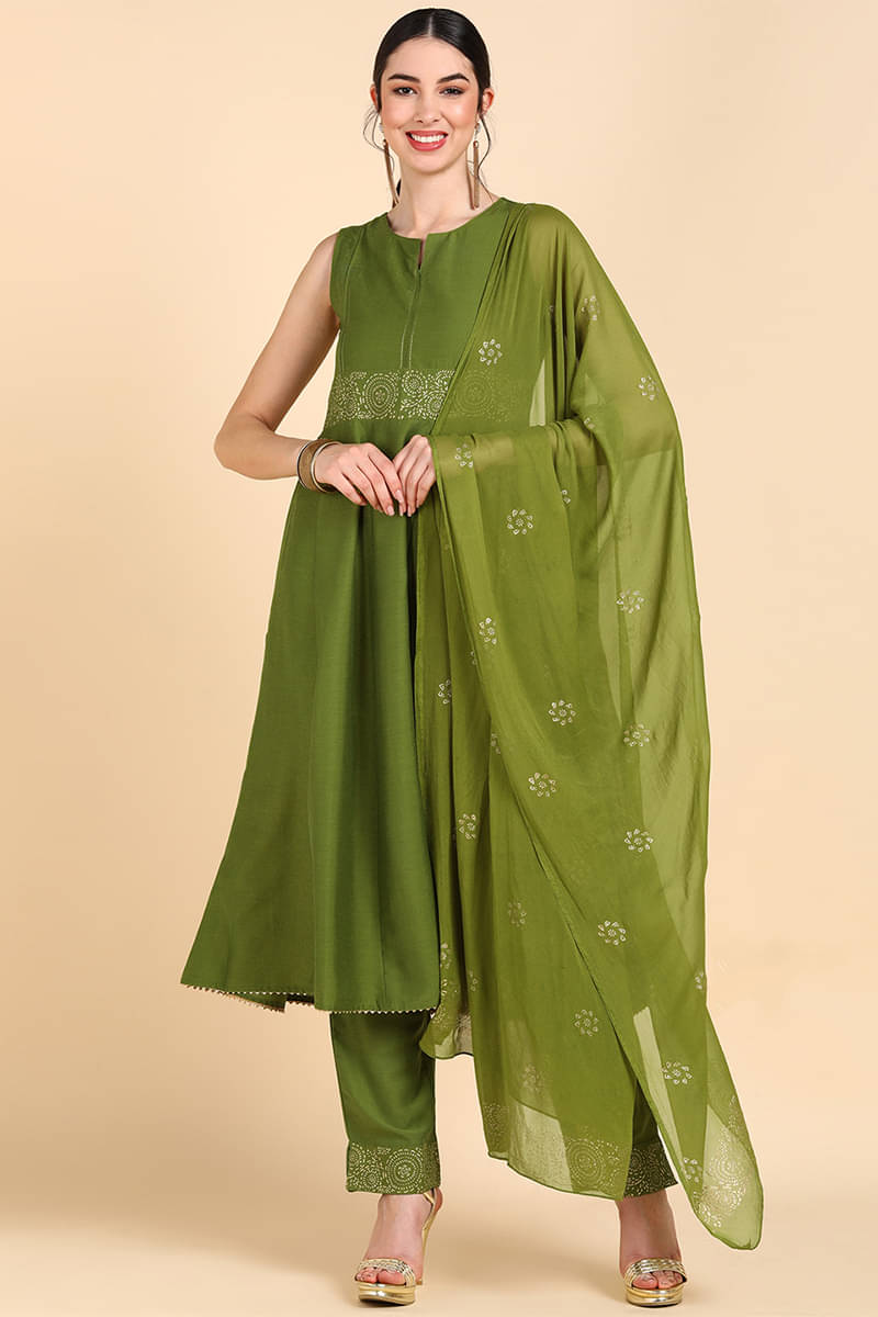     			Vaamsi Silk Blend Printed Kurti With Pants Women's Stitched Salwar Suit - Olive ( Pack of 1 )