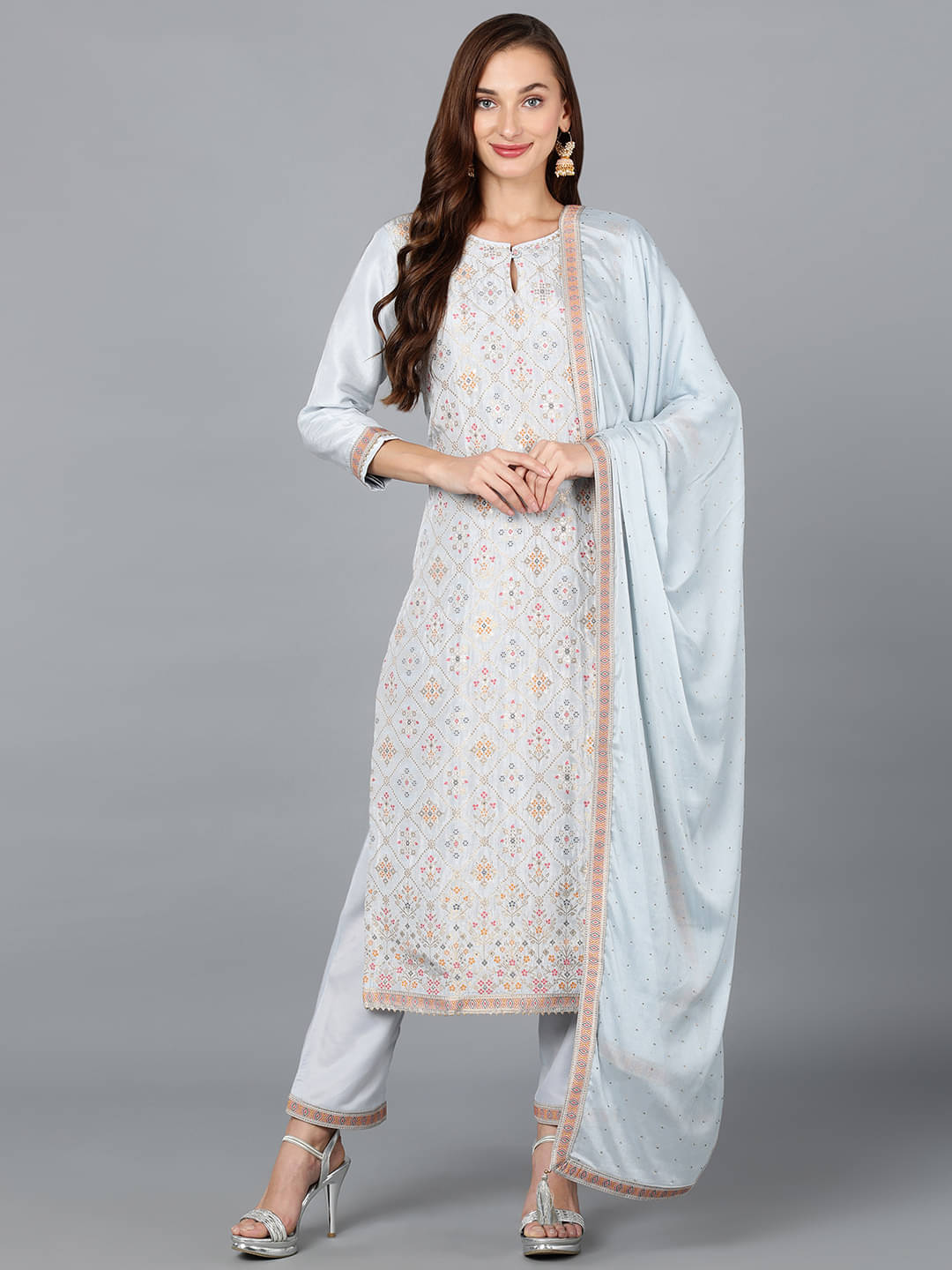 Vaamsi Silk Blend Self Design Kurti With Pants Women's Stitched Salwar Suit - Blue ( Pack of 1 ) Vaamsi Silk Blend Self Design Kurti With Pants Women's Stitched Salwar Suit - Blue ( Pack of 1 )