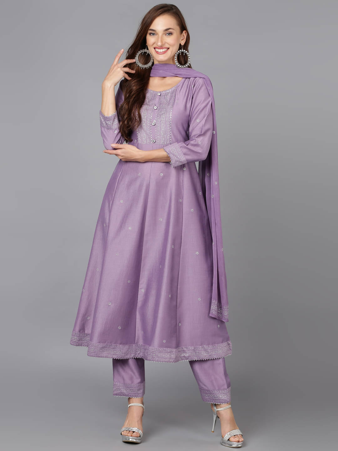     			Vaamsi Silk Blend Self Design Kurti With Pants Women's Stitched Salwar Suit - Lavender ( Pack of 1 )