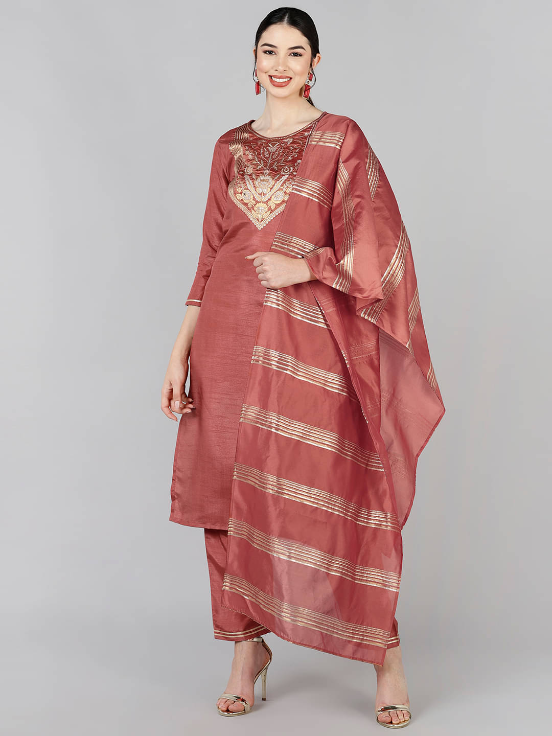     			Vaamsi Silk Blend Self Design Kurti With Pants Women's Stitched Salwar Suit - Rust ( Pack of 1 )