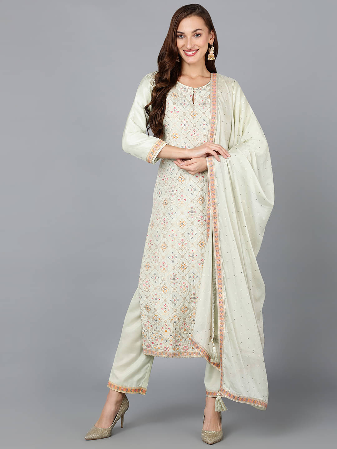 Vaamsi Silk Blend Self Design Kurti With Pants Women's Stitched Salwar Suit - Green ( Pack of 1 )     			Vaamsi Silk Blend Self Design Kurti With Pants Women's Stitched Salwar Suit - Green ( Pack of 1 )