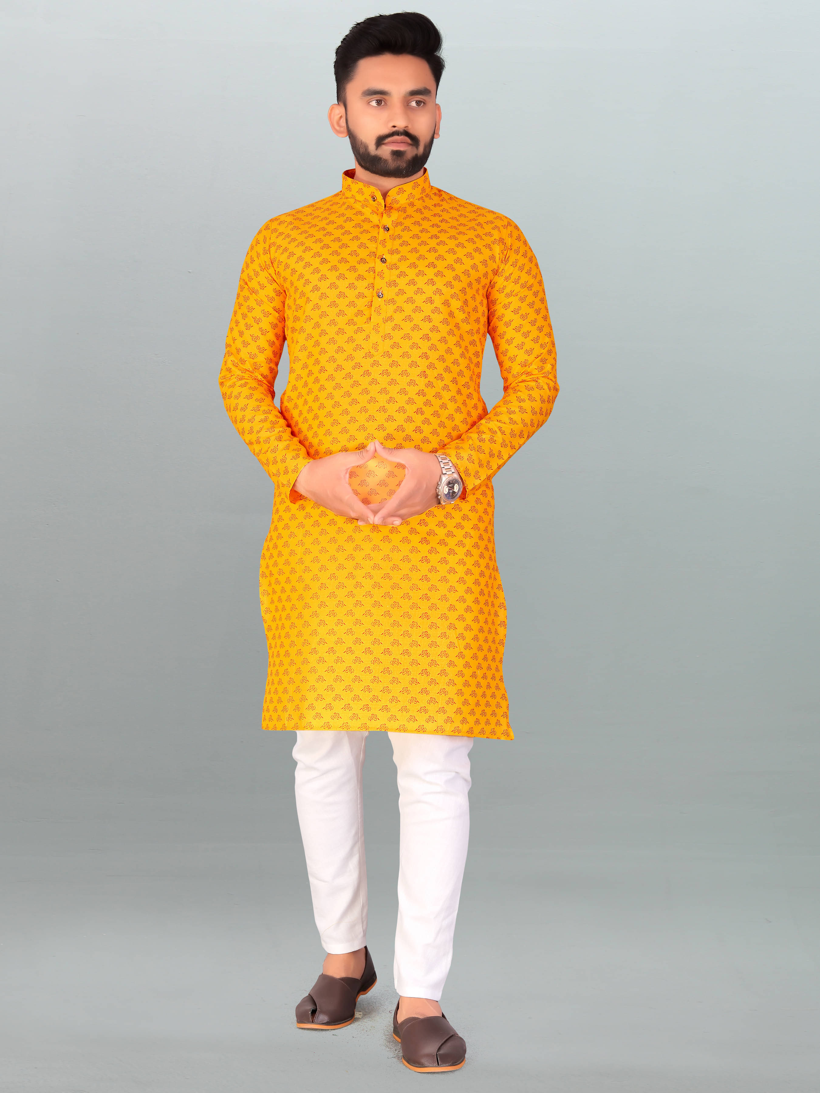     			FRELURO Yellow Cotton Blend Men's Regular Kurta ( Pack of 1 )