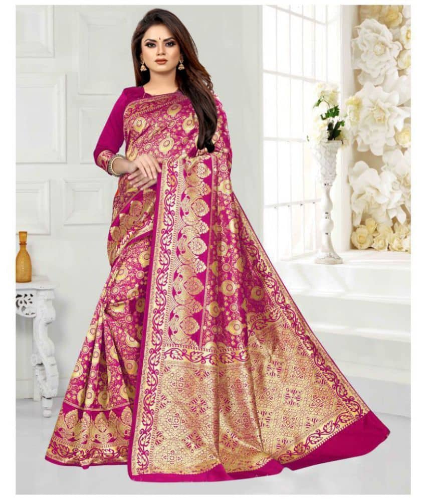 Gazal Fashions Banarasi Silk Embellished Saree With Unstitched Blouse Piece ( Pink ) - Sarees | Buy online on ZillyBuy