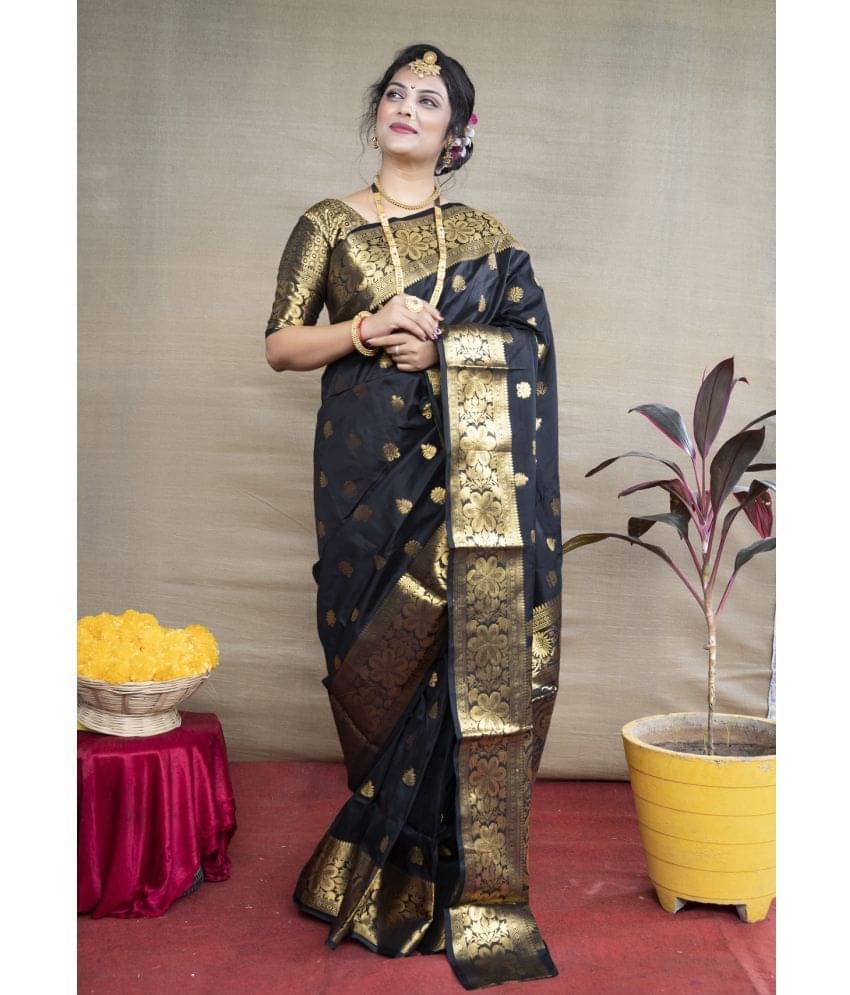 OFLINE SELCTION Banarasi Silk Woven Saree With Unstitched Blouse Piece ( Black ) OFLINE SELCTION Banarasi Silk Woven Saree With Unstitched Blouse Piece ( Black )