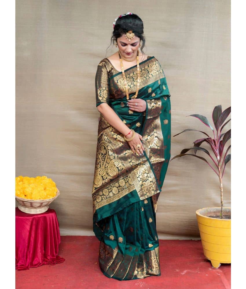 SareeQueen Art Silk Embellished Saree With Unstitched Blouse Piece ( Green )