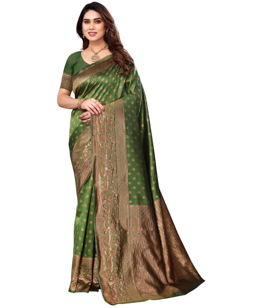 Sidhidata Banarasi Silk Self Design Saree With Blouse Piece - Green ( Pack of 1 ) - Sarees | Buy online on ZillyBuy