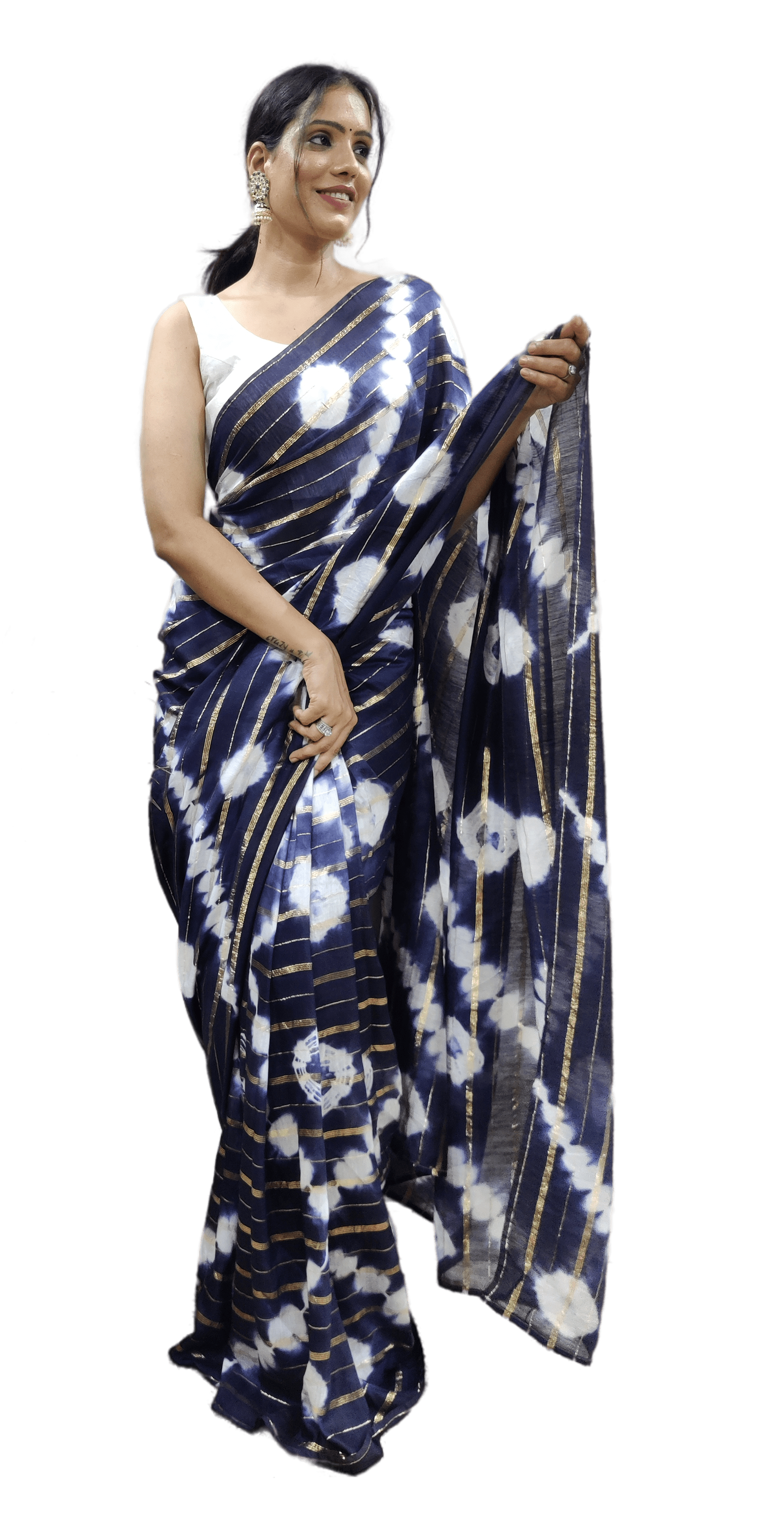     			Sidhidata Nylon Colorblock Saree With Unstitched Blouse Piece ( Navy Blue )