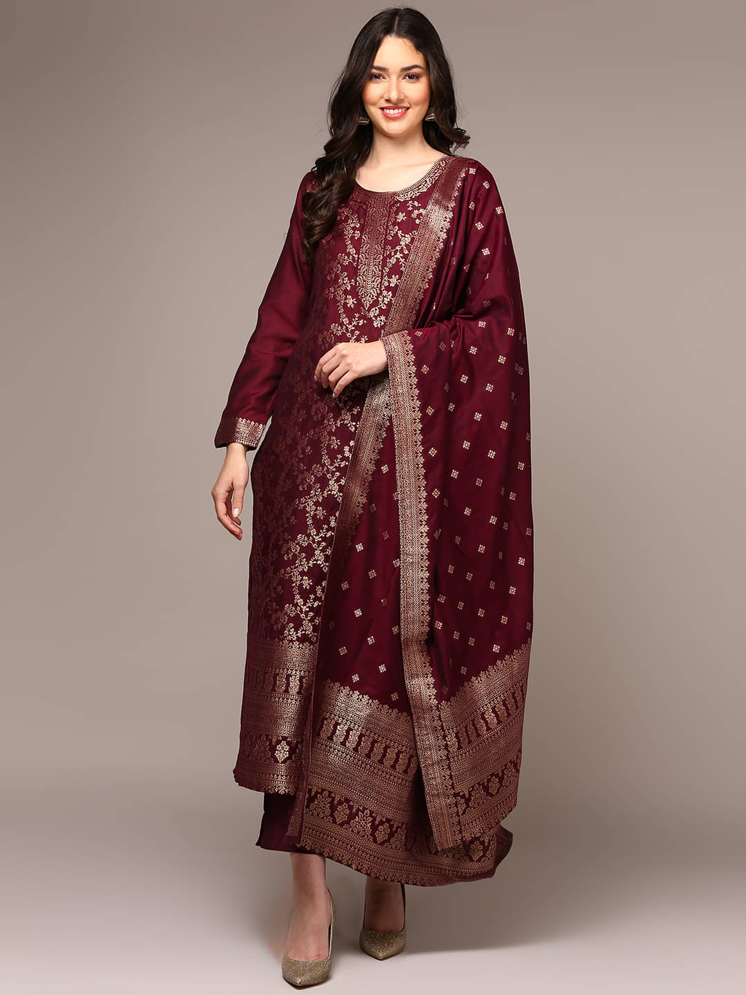     			Vaamsi Chanderi Self Design Kurti With Pants Women's Stitched Salwar Suit - Maroon ( Pack of 1 )