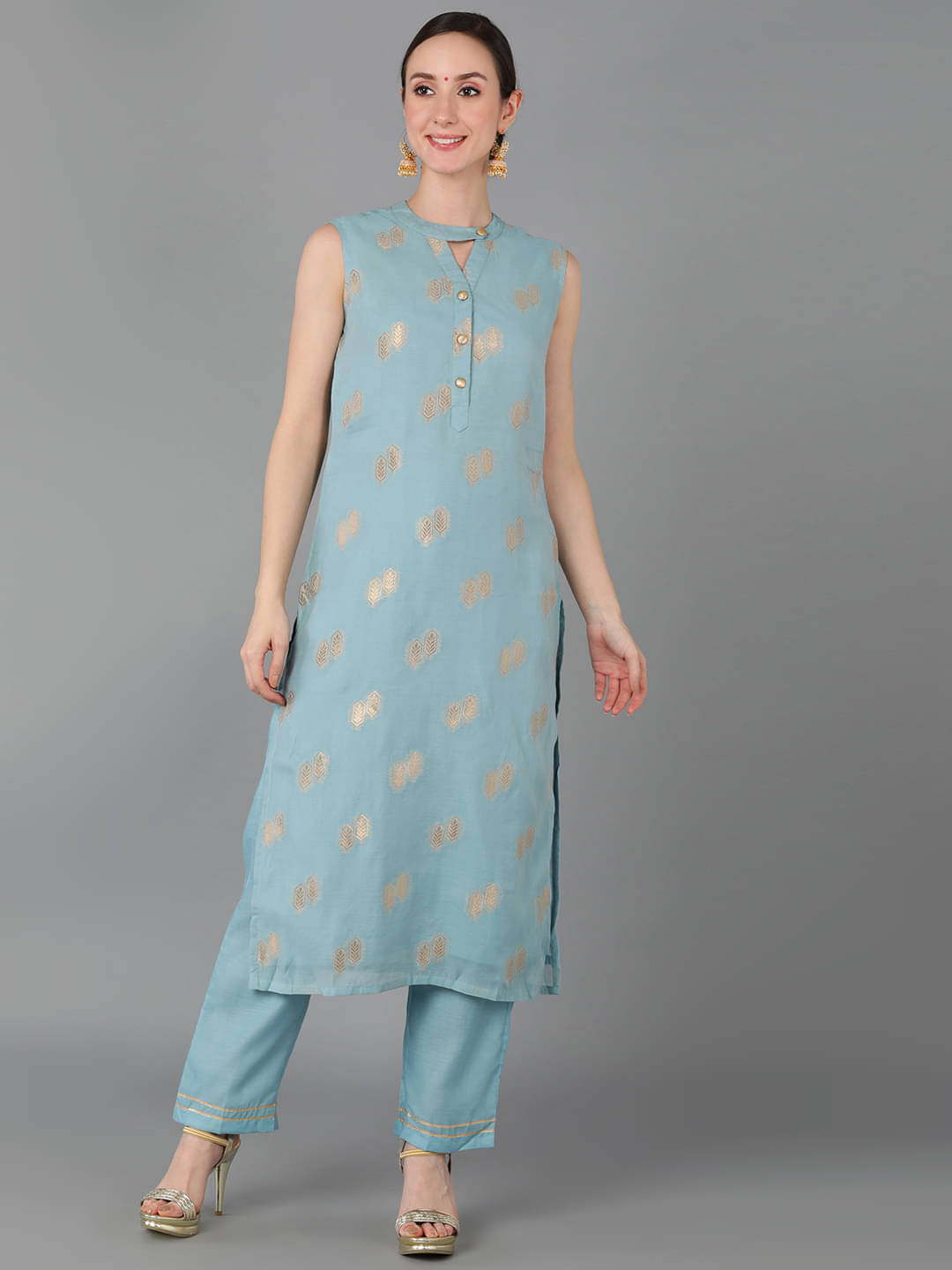 Vaamsi Chanderi Self Design Kurti With Pants Women's Stitched Salwar Suit - Blue ( Pack of 1 ) Vaamsi Chanderi Self Design Kurti With Pants Women's Stitched Salwar Suit - Blue ( Pack of 1 )