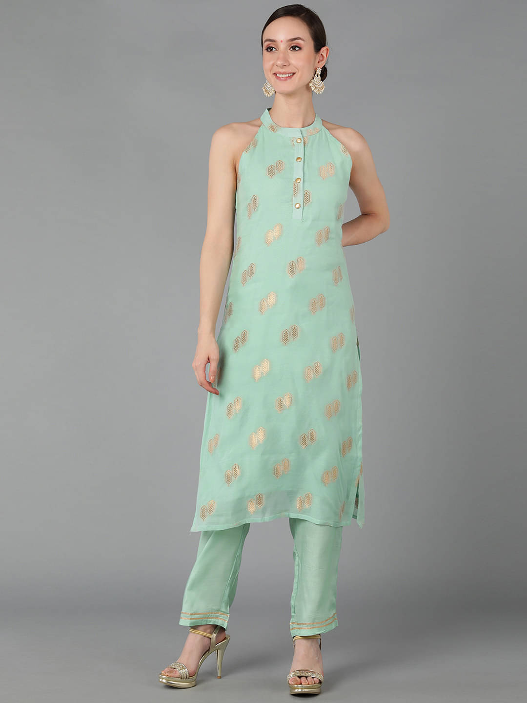     			Vaamsi Chanderi Self Design Kurti With Pants Women's Stitched Salwar Suit - Green ( Pack of 1 )
