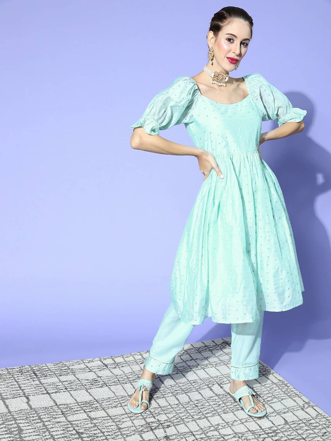 Vaamsi Chanderi Self Design Kurti With Pants Women's Stitched Salwar Suit - Blue ( Pack of 1 ) Vaamsi Chanderi Self Design Kurti With Pants Women's Stitched Salwar Suit - Blue ( Pack of 1 )