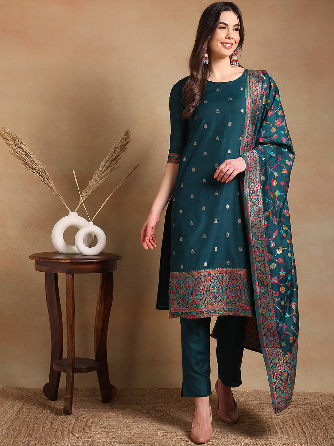     			Vaamsi Chanderi Self Design Kurti With Pants Women's Stitched Salwar Suit - Teal ( Pack of 1 )