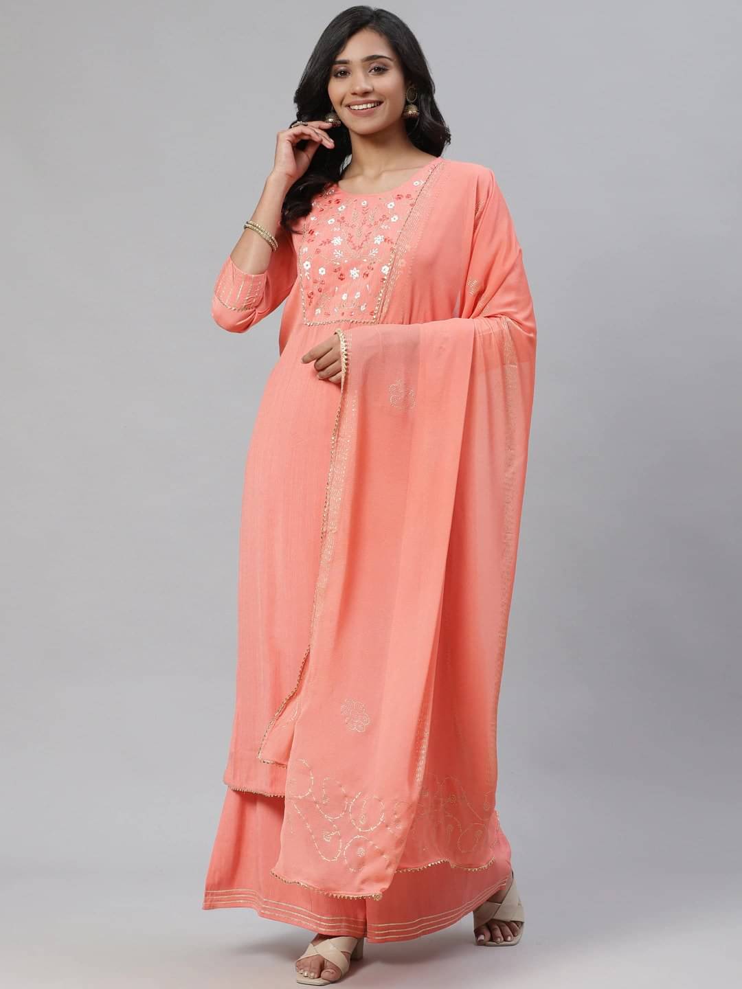     			Vaamsi Cotton Embroidered Kurti With Palazzo Women's Stitched Salwar Suit - Peach ( Pack of 1 )