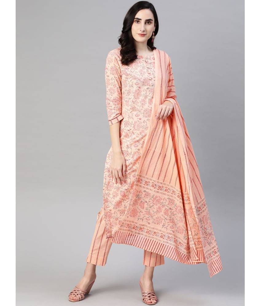 Vaamsi Cotton Printed Kurti With Pants Women's Stitched Salwar Suit - Peach ( Pack of 1 ) Vaamsi Cotton Printed Kurti With Pants Women's Stitched Salwar Suit - Peach ( Pack of 1 )