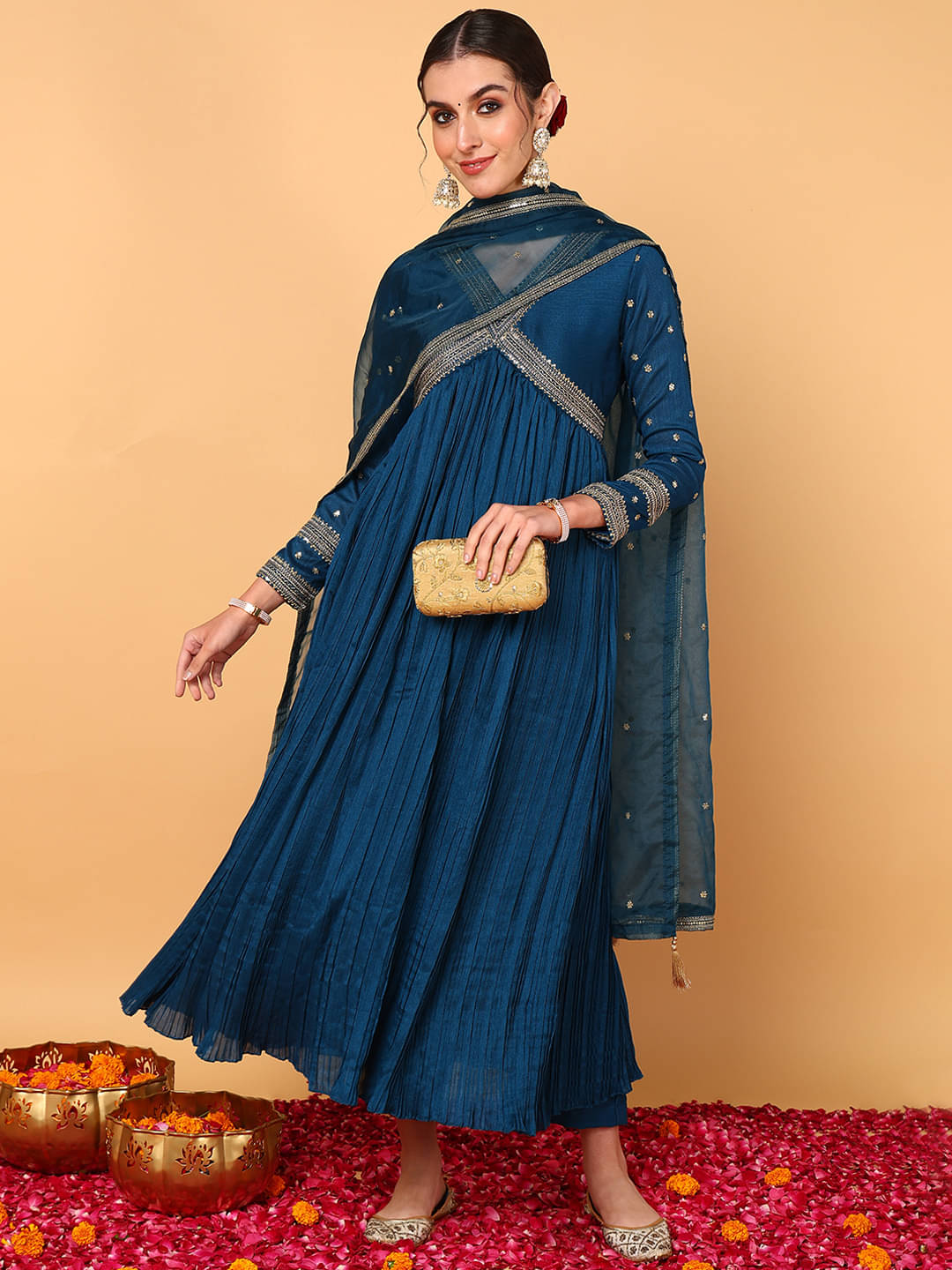 Vaamsi Silk Blend Embroidered Kurti With Pants Women's Stitched Salwar Suit - Blue ( Pack of 1 ) Vaamsi Silk Blend Embroidered Kurti With Pants Women's Stitched Salwar Suit - Blue ( Pack of 1 )