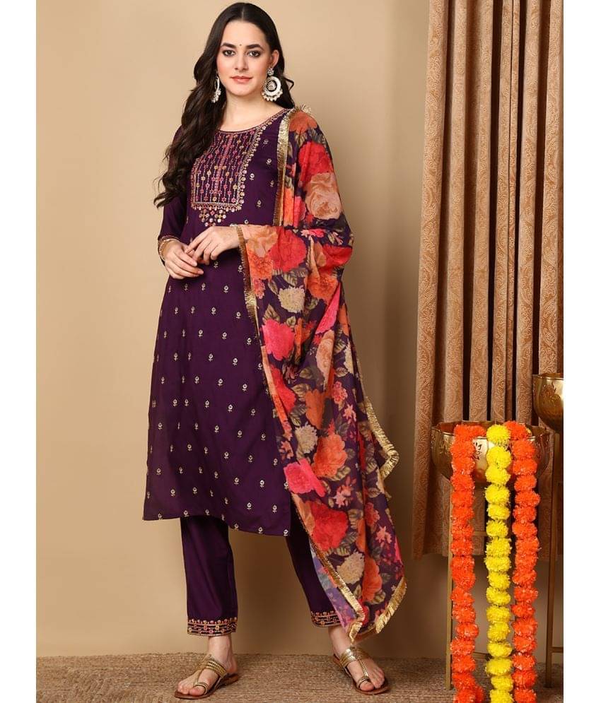 Vaamsi Silk Blend Embroidered Kurti With Pants Women's Stitched Salwar Suit - Purple ( Pack of 1 ) Vaamsi Silk Blend Embroidered Kurti With Pants Women's Stitched Salwar Suit - Purple ( Pack of 1 )