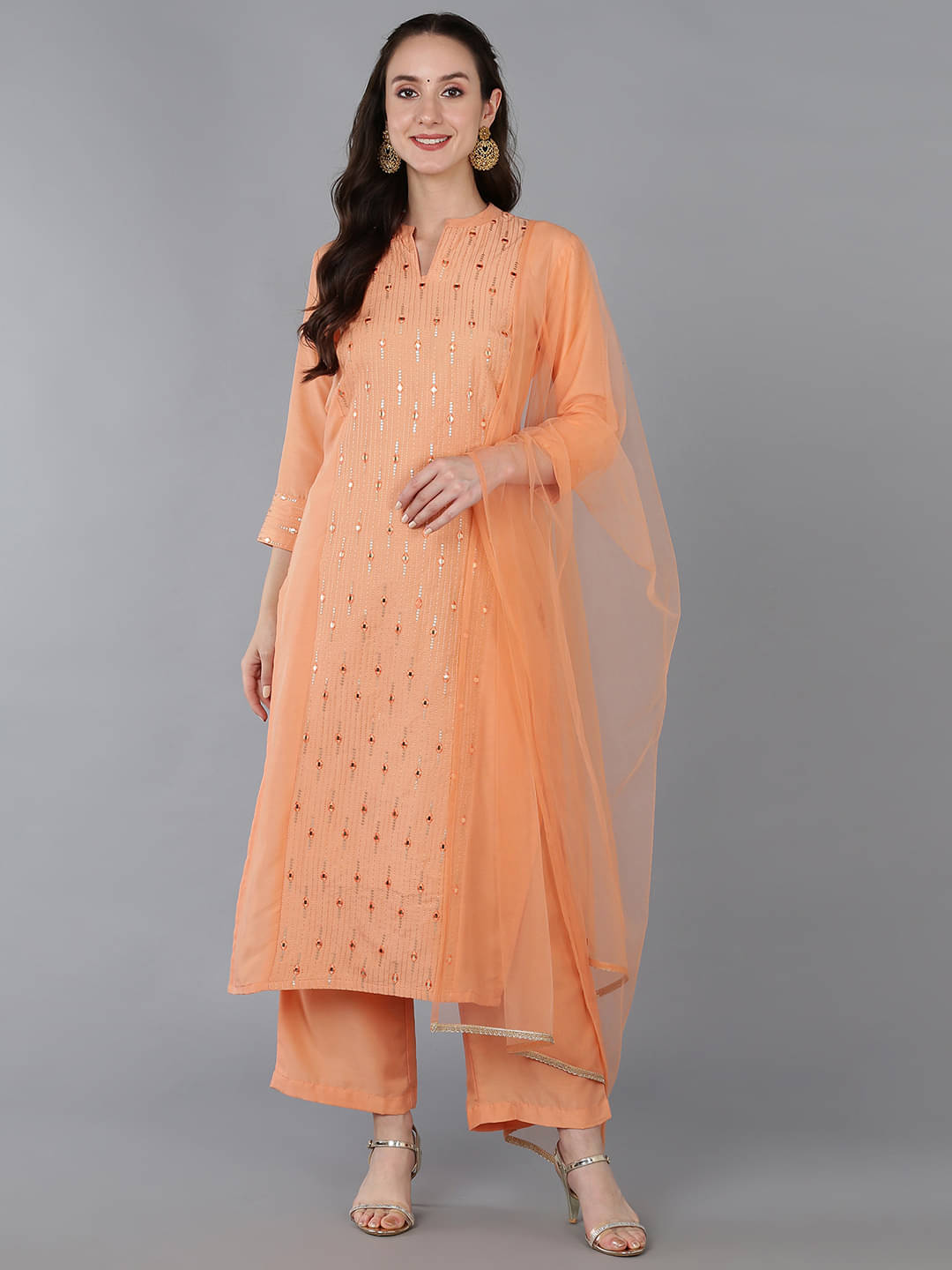 Vaamsi Silk Blend Embroidered Kurti With Palazzo Women's Stitched Salwar Suit - Peach ( Pack of 1 ) Vaamsi Silk Blend Embroidered Kurti With Palazzo Women's Stitched Salwar Suit - Peach ( Pack of 1 )