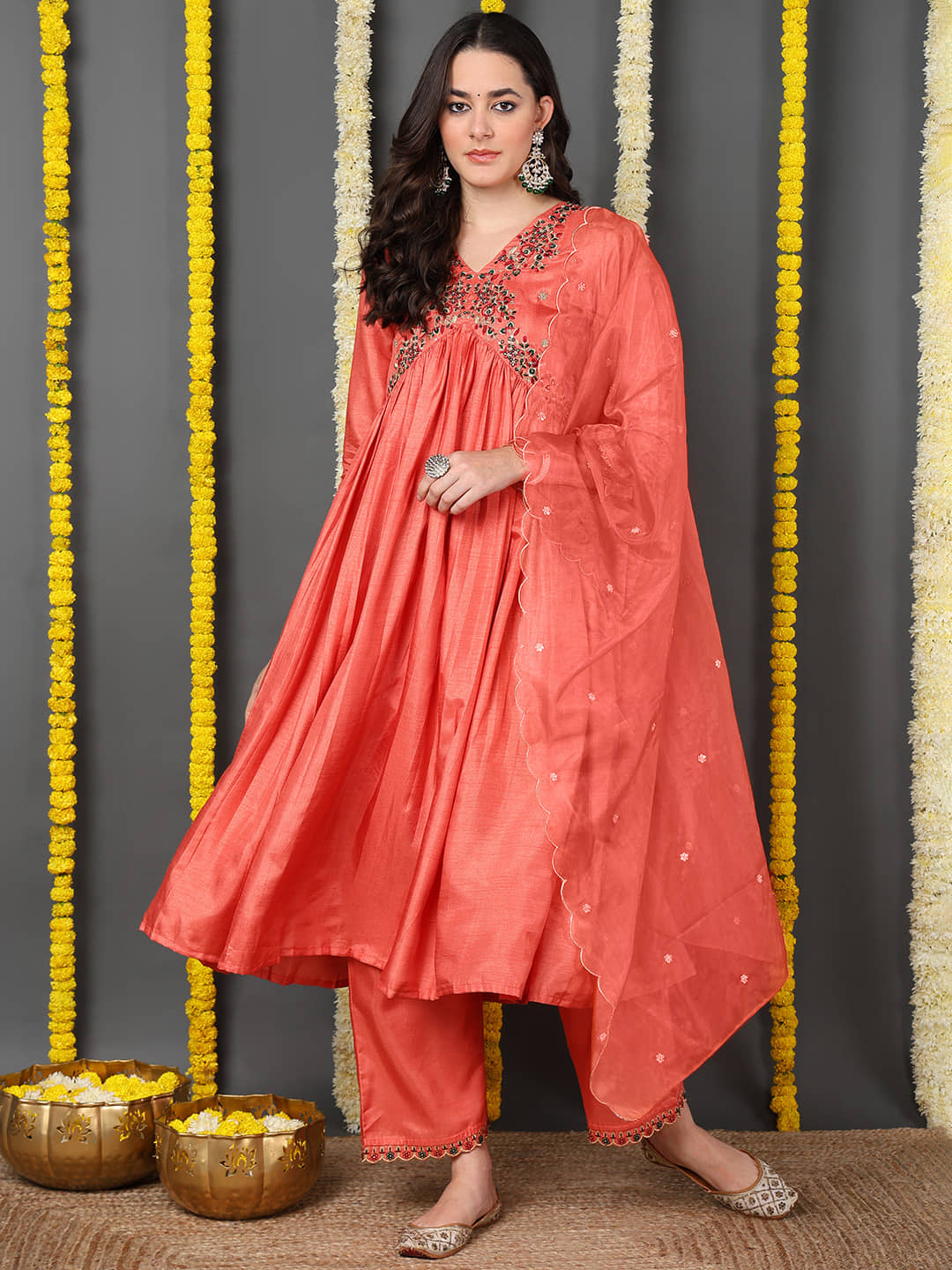 Vaamsi Silk Blend Embroidered Kurti With Pants Women's Stitched Salwar Suit - Orange ( Pack of 1 )