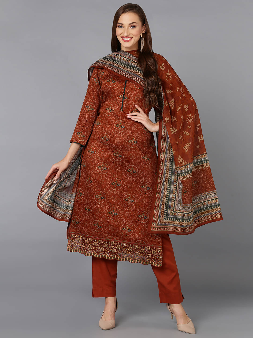 Vaamsi Silk Blend Printed Kurti With Pants Women's Stitched Salwar Suit - Rust ( Pack of 1 ) Vaamsi Silk Blend Printed Kurti With Pants Women's Stitched Salwar Suit - Rust ( Pack of 1 )